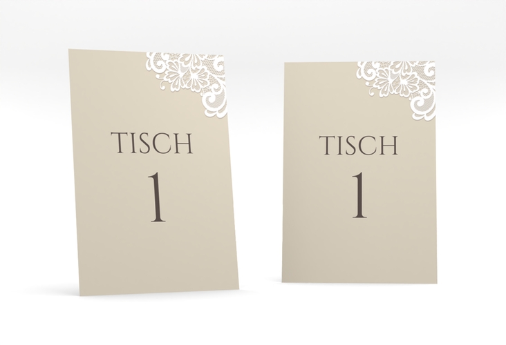 Tischnummer Hochzeit Vintage Tischaufsteller beige mit floraler Spitze