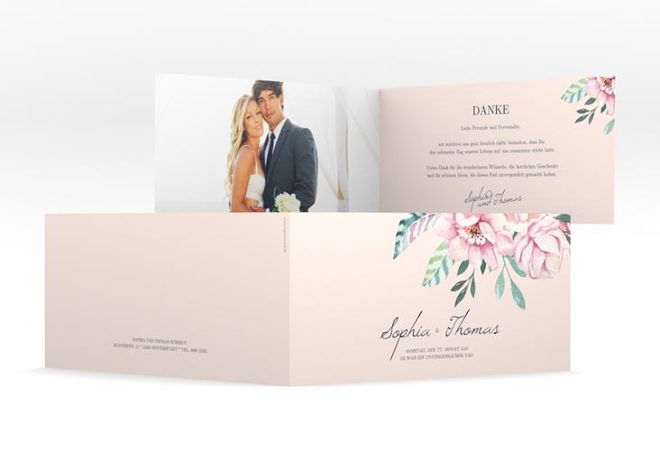 Dankeskarte HochzeitBlooming lange Klappkarte quer rosa hochglanz