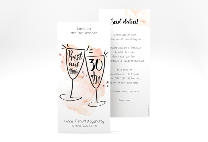 Einladung 30. Geburtstag Sektgläser lange Karte hoch mit zwei Champagner-Gläsern auf Aquarell-Hintergrund