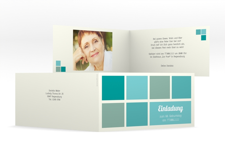 Einladung 60. Geburtstag Daniel/Daniela lange Klappkarte quer tuerkis in Retro-Farben