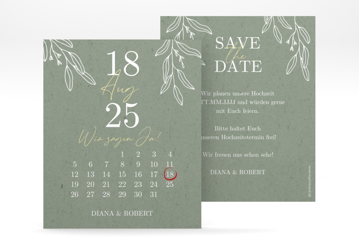 Save the Date-Kalenderblatt Greendate Kalenderblatt-Karte gruen im Greenery-Design mit Holz, Eukalyptus und Immergrün