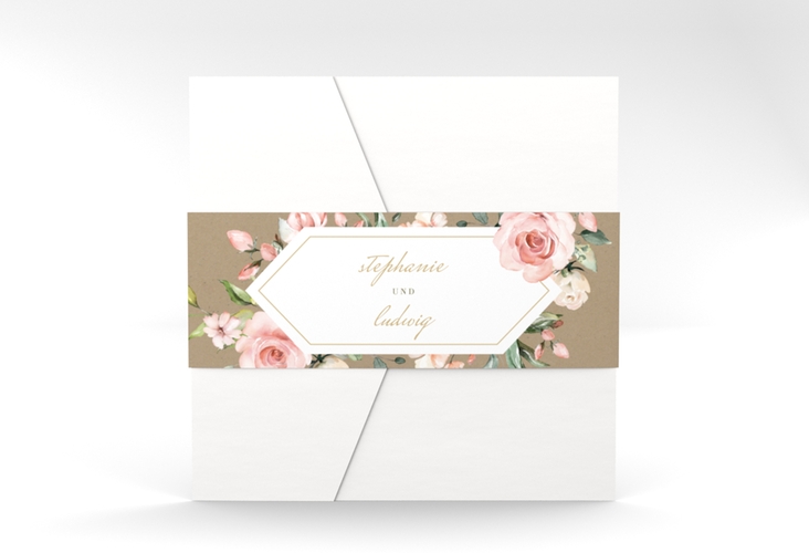 Hochzeitseinladung Graceful Pocketfold Kraftpapier mit Rosenblüten in Rosa und Weiß