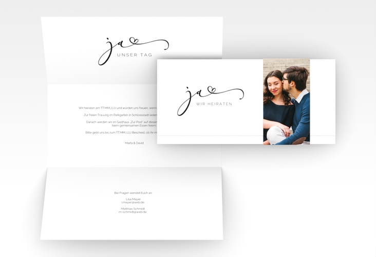 Hochzeitseinladung Jawort Wickelfalzkarte + Banderole weiss hochglanz modern minimalistisch mit veredelter Aufschrift