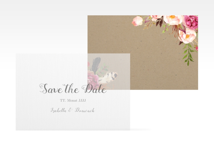 Save the Date Deckblatt Transparent Flowers A6 Deckblatt transparent Kraftpapier mit bunten Aquarell-Blumen