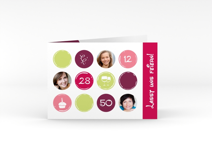 Einladung 50. Geburtstag Circles A6 Klappkarte quer pink