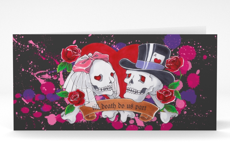 Einladungskarte Hochzeit Palermo lange Klappkarte quer hochglanz mit Totenkopf-Paar und Herz im Tattoo-Stil