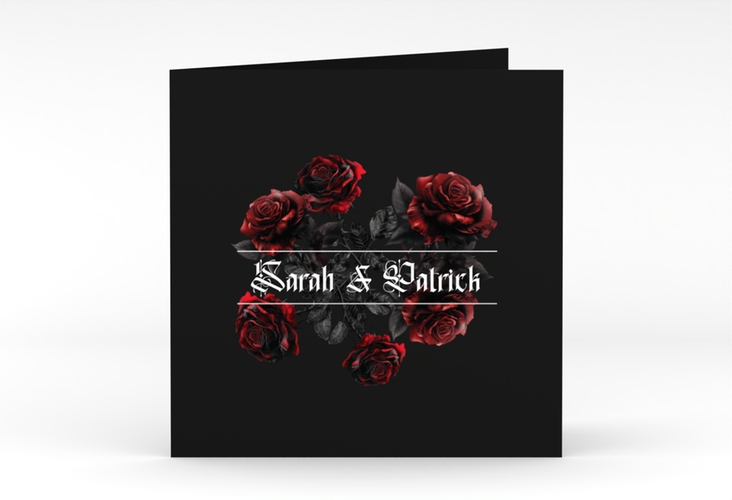 Hochzeitseinladung Gothic Rose quadr. Klappkarte schwarz hochglanz