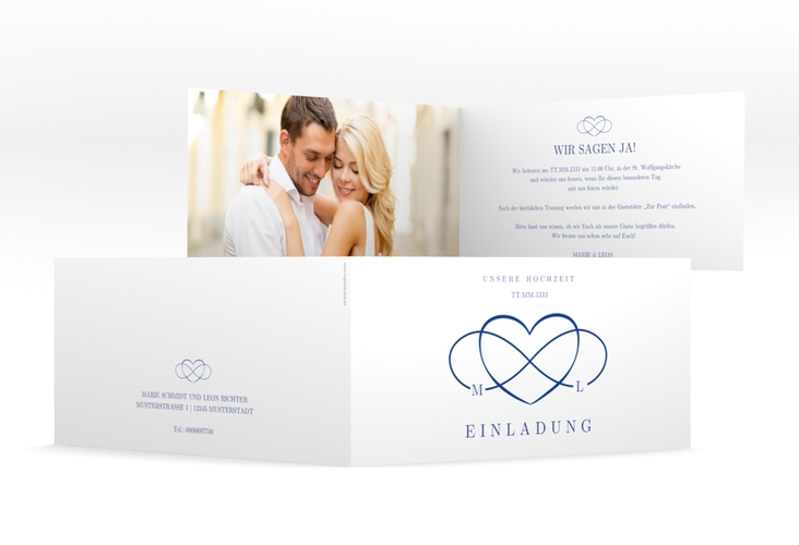 Hochzeitseinladung Infinity lange Klappkarte quer blau