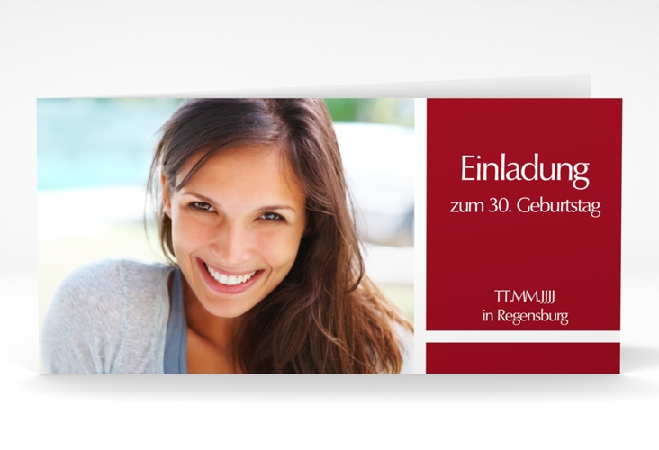 Einladung 30. Geburtstag Gerd/Gerda lange Klappkarte quer rot mit Foto