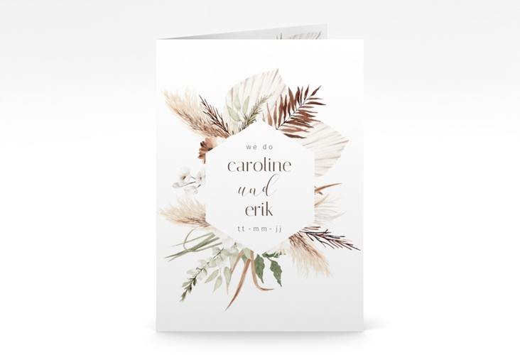 Einladungskarte Hochzeit Bohemian A6 Klappkarte hoch weiss mit Gräsern und Trockenblumen für Boho-Hochzeit