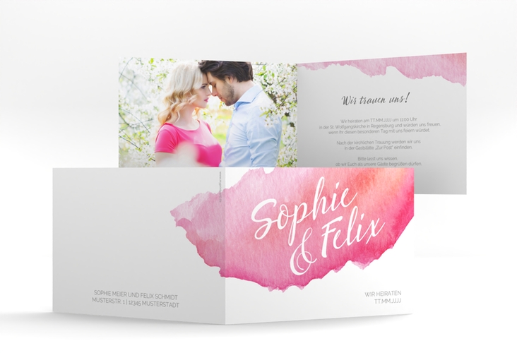 Einladungskarte Hochzeit Aquarella A6 Klappkarte quer rot