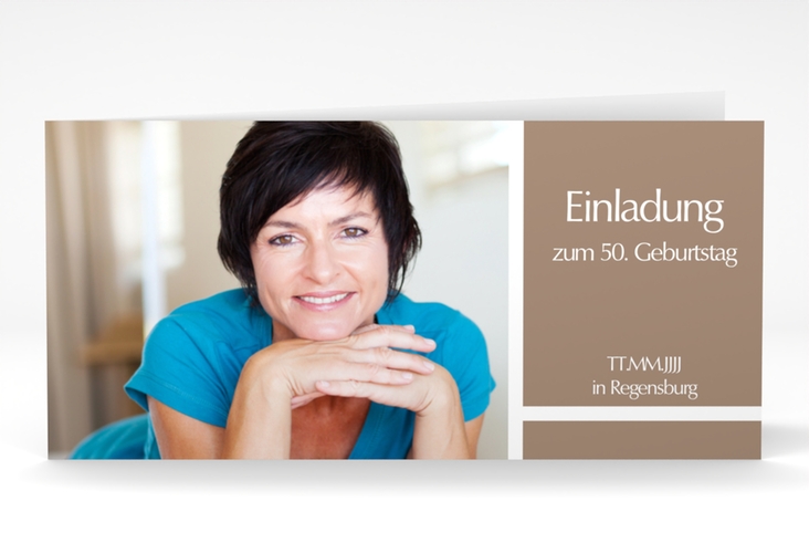 Einladung 50. Geburtstag Gerd/Gerda lange Klappkarte quer braun mit Foto