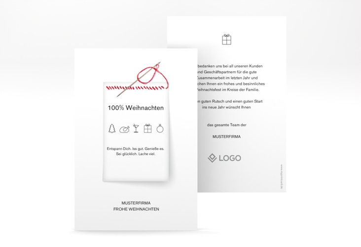 Business-Weihnachtskarte "Weihnachtshinweis" A6 hoch lustig im Waschzettel-Design mit Icons