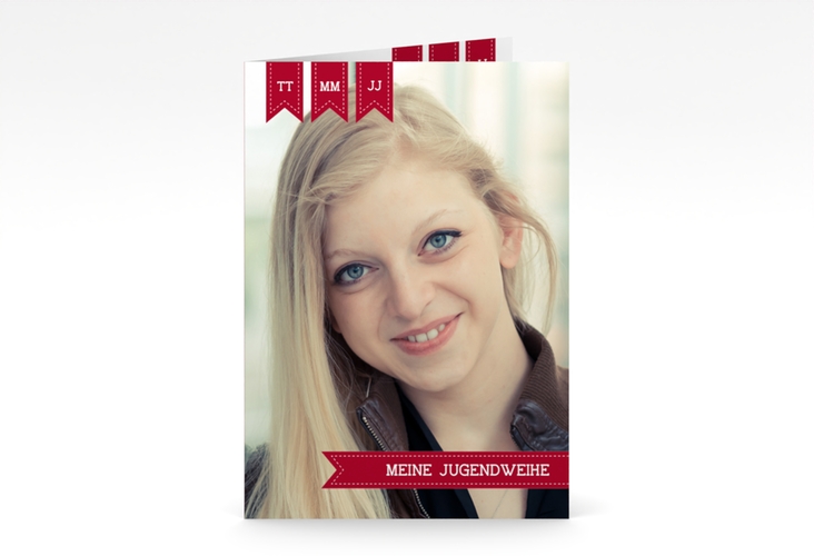 Einladung Jugendweihe Youthful A6 Klappkarte hoch rot hochglanz mit eigenem Foto