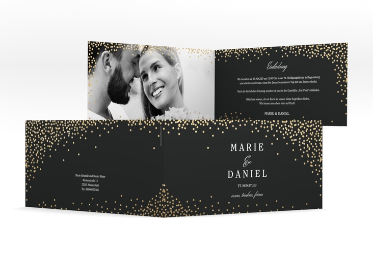 Hochzeitseinladung Glitter lange Klappkarte quer schwarz hochglanz