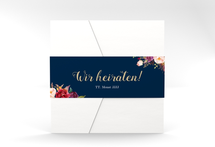 Hochzeitseinladung Flowers Pocketfold blau mit bunten Aquarell-Blumen