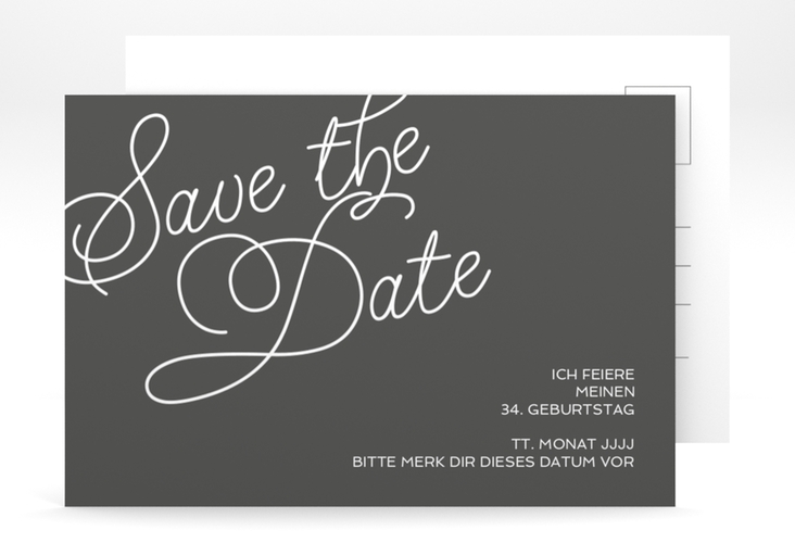 Save the Date-Postkarte Geburtstag Schwungvoll A6 Postkarte grau hochglanz
