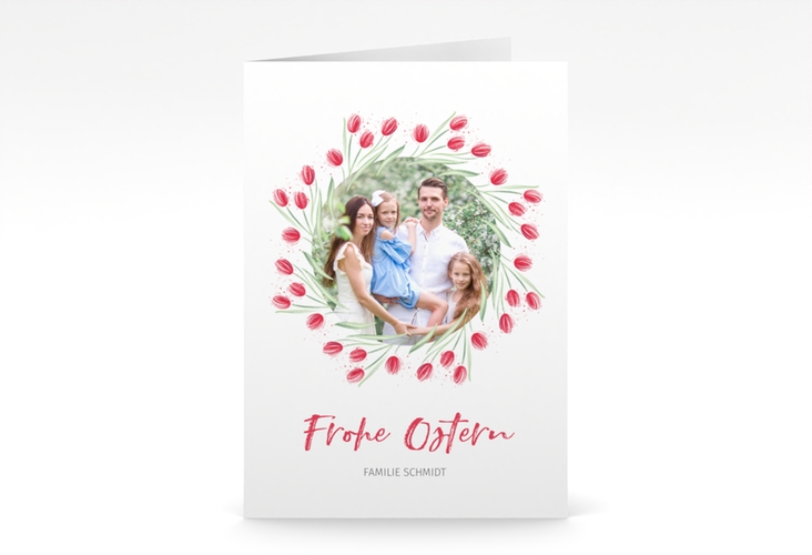 Osterkarte Tulips A6 Klappkarte hoch weiss mit Foto und Blumenkranz aus Tulpen
