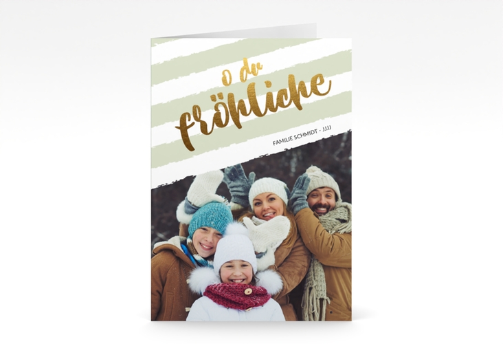Weihnachtskarte Weihnachtslied A6 Klappkarte hoch gruen gestreift mit Familienfoto