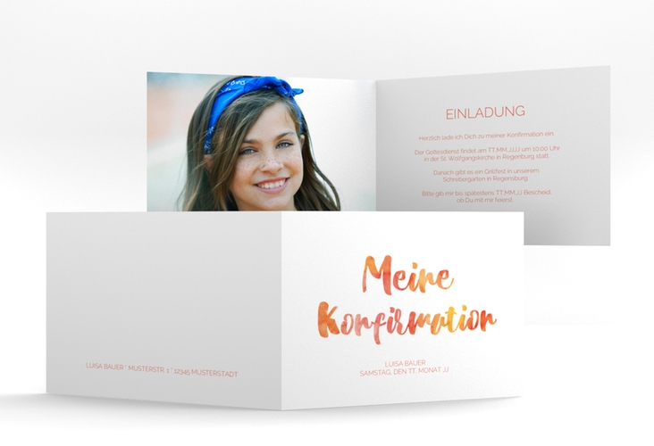 Einladung Konfirmation Grow A6 Klappkarte quer orange hochglanz