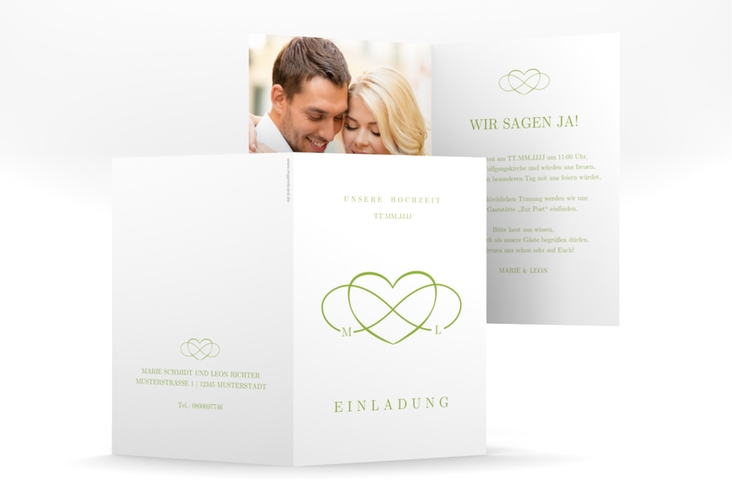 Einladungskarte Hochzeit Infinity A6 Klappkarte hoch gruen hochglanz