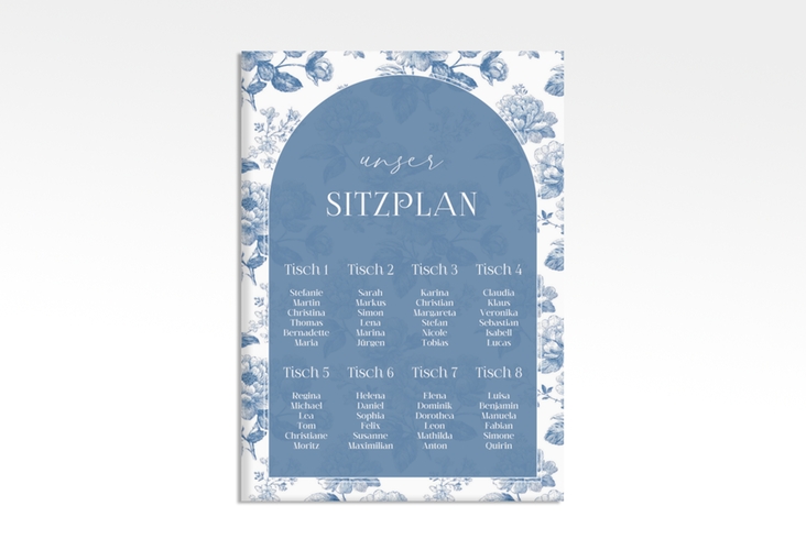 Sitzplan Leinwand Hochzeit Blue Floral 50 x 70 cm Leinwand blau mit blauem Blumenmuster auf weißem Grund