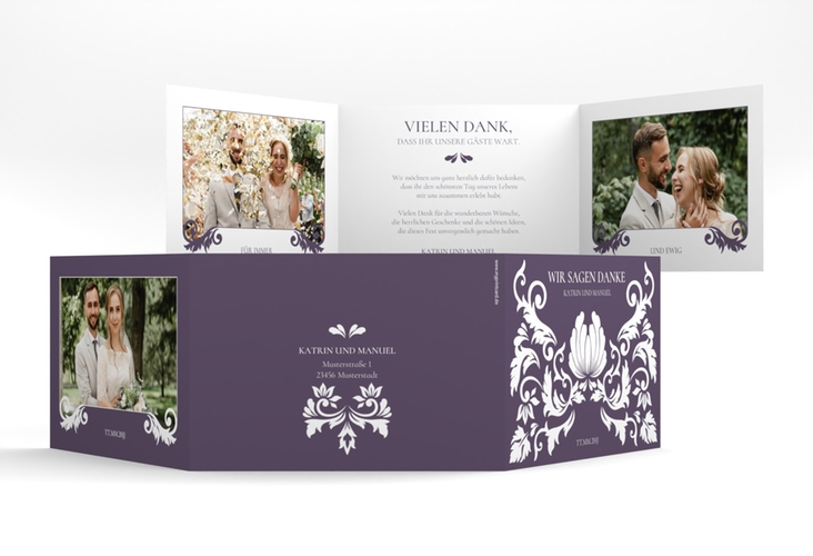 Danksagungskarte Royal A6 Doppel-Klappkarte lila hochglanz mit barockem Blumen-Ornament