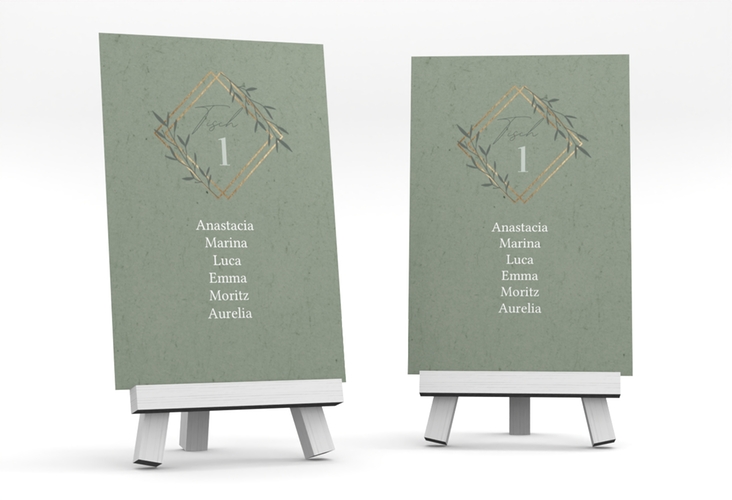 Tischaufsteller Hochzeit Greenletter Tischaufsteller gruen mit Initialen in elegantem Goldrahmen mit Blättern