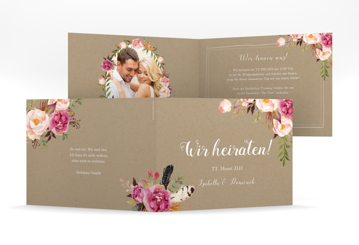 Hochzeitseinladung Flowers mittlere Klappkarte quer Kraftpapier mit bunten Aquarell-Blumen