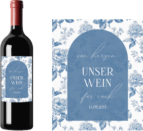 Weinetikett zur Hochzeit Blue Floral Etikett Weinflasche 4er Set blau mit blauem Blumenmuster auf weißem Grund