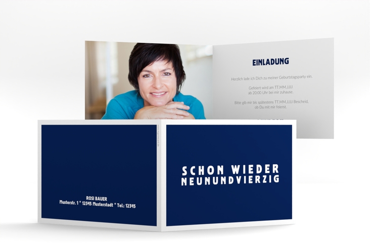 Einladung 50. Geburtstag Gag A6 Klappkarte quer blau