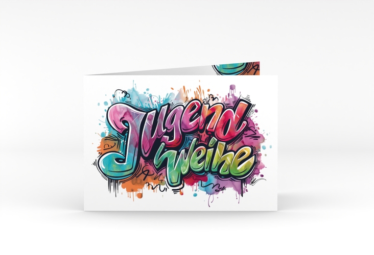 Einladungskarte Jugendweihe Stylewriting A6 Klappkarte quer bunt mit Graffiti-Schriftzug