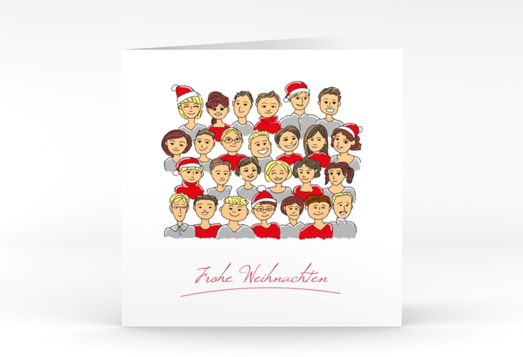 Business-Weihnachtskarte Team quadr. Klappkarte rot und weiß mit Illustration der Firmenbelegschaft