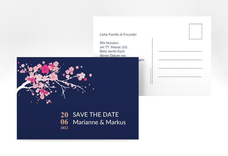 Save the Date-Postkarte Sakura A6 Postkarte blau hochglanz
