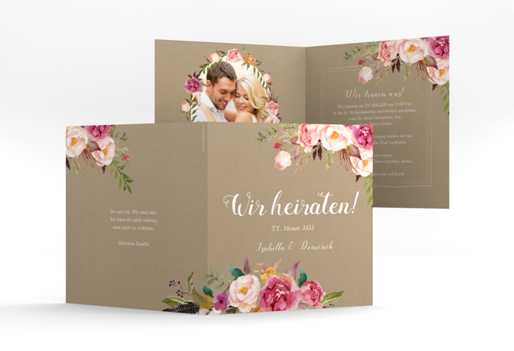 Hochzeitseinladung Flowers quadr. Klappkarte Kraftpapier mit bunten Aquarell-Blumen
