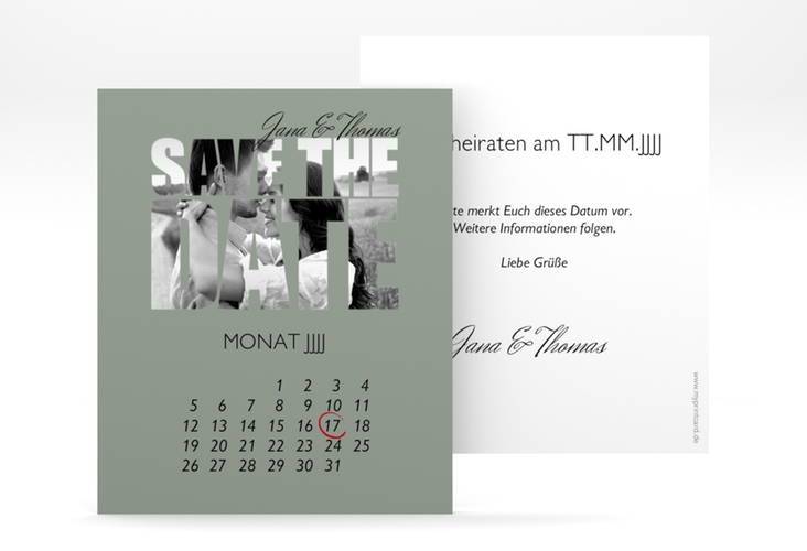 Save the Date-Kalenderblatt Letters Kalenderblatt-Karte gruen hochglanz