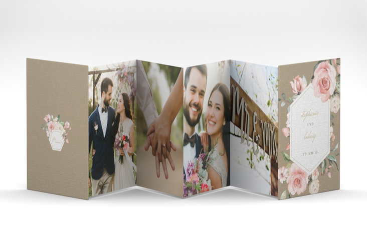 Foto-Leporello Hochzeit Graceful Leporello Kraftpapier mit Rosenblüten in Rosa und Weiß