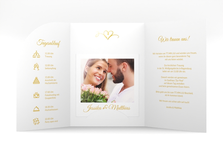 Hochzeitseinladung Envie mittlere Bogen-Wickelfalzkarte gold hochglanz