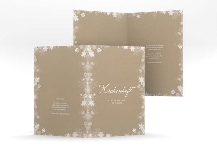 Kirchenheft Hochzeit  Snowfall A5 Klappkarte hoch Kraftpapier mit Schneeflocken für Winterhochzeit