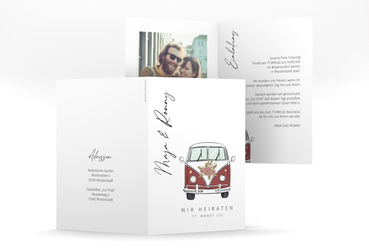 Einladungskarte Hochzeit Hochzeitsbulli A6 Klappkarte hoch rot mit Gräsern und Trockenblumen für Boho-Hochzeit