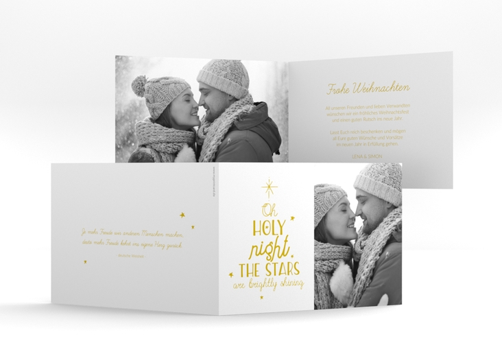 Weihnachtskarte Winterhimmel A6 Klappkarte quer gold mit Handlettering-Text und Foto
