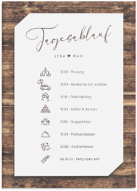 Klick: Details zu Tagesablauf Leinwand Hochzeit "Rustic" anzeigen Tagesablauf Leinwand Hochzeit "Rustic" 50 x 70 cm Leinwand braun