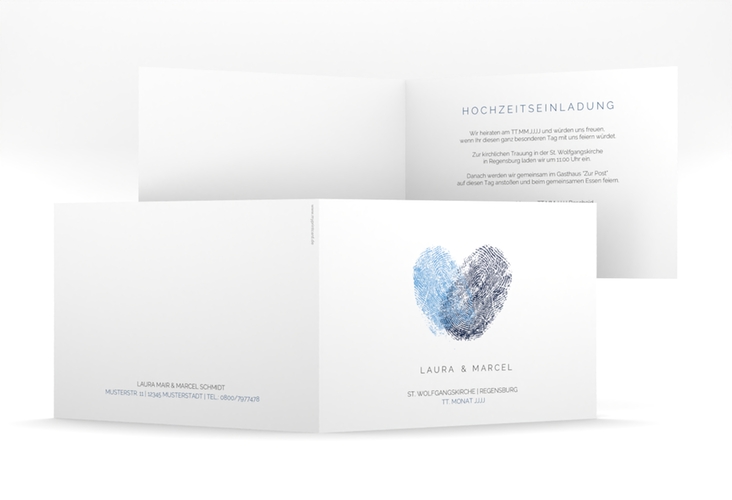 Hochzeitseinladung Fingerprint mittlere Klappkarte quer blau hochglanz schlicht mit Fingerabdruck-Motiv