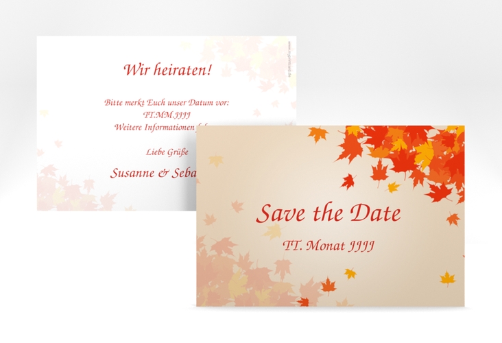 Save the Date-Karte Hochzeit Zwiesel A6 Karte quer mit Herbstlaub in Orange und Beige