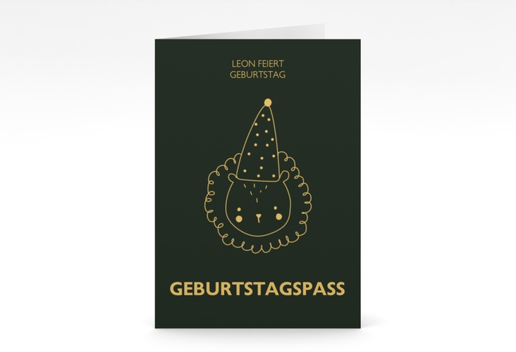 Einladungskarte Kindergeburtstag Geburtstagspass A6 Klappkarte hoch gruen
