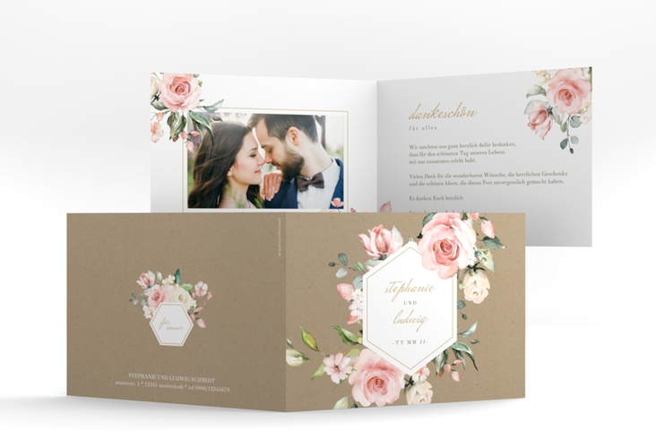 Dankeskarte Hochzeit Graceful A6 Klappkarte quer Kraftpapier mit Rosenblüten in Rosa und Weiß