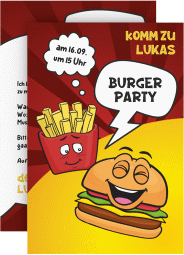 Klick: Details zu Einladungskarte Kindergeburtstag "Burgerparty" anzeigen Einladungskarte Kindergeburtstag Burgerparty A6 Karte hoch bunt