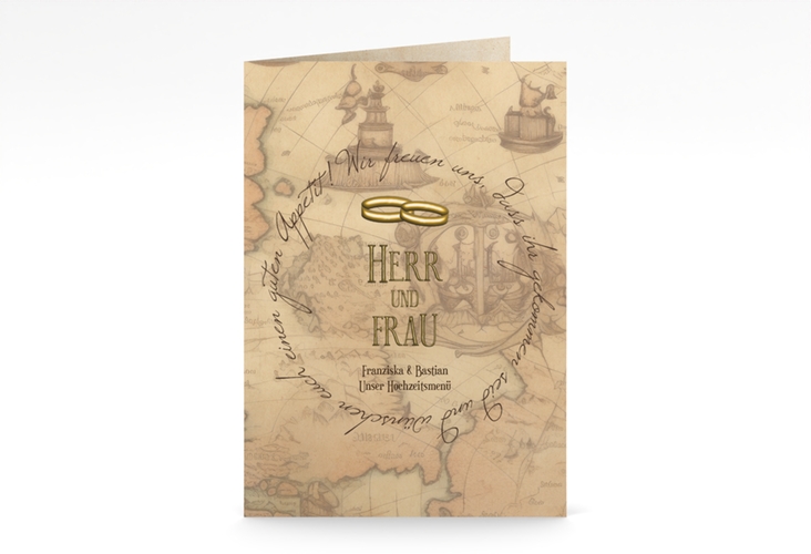 Menükarte Hochzeit Zwei Ringe A5 Klappkarte hoch beige mit Eheringen und Fantasy-Landkarte