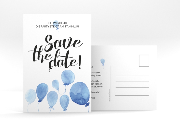 Save the Date-Postkarte Geburtstag Ballon A6 Postkarte blau hochglanz