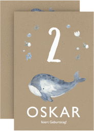 Einladungskarte Kindergeburtstag Walfisch A6 Karte hoch Kraftpapier mit niedlichem Wal in Aquarell